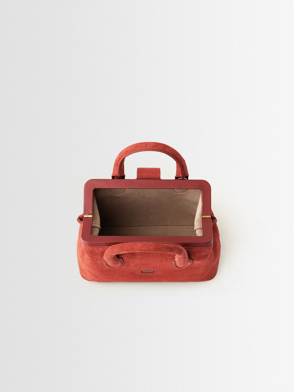Rust Suede Metal Frame Mini Top Handle Bag