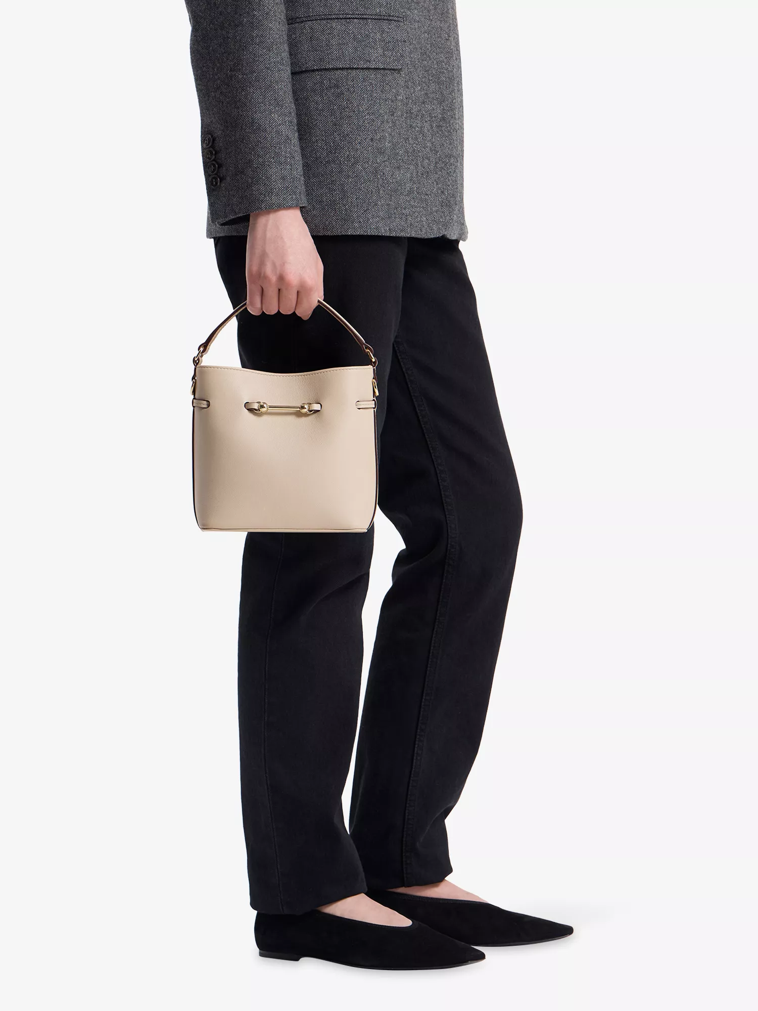 Cream Leather Magnetic Snap Mini Bucket Crossbody Bag
