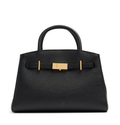 Black Grained Leather Gold Lock Top Handle Tote Bag