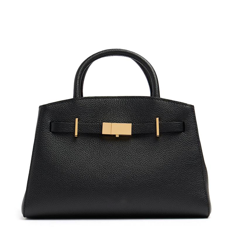 Black Grained Leather Gold Lock Top Handle Tote Bag