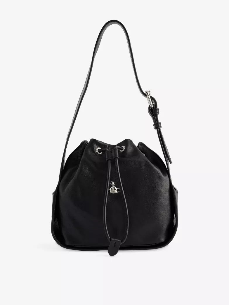 Black Soft Drawstring Logo Mini Bucket Shoulder Bag