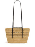 Natural Woven Straw Tote Bag with Black Straps & Printed Inner Pouch