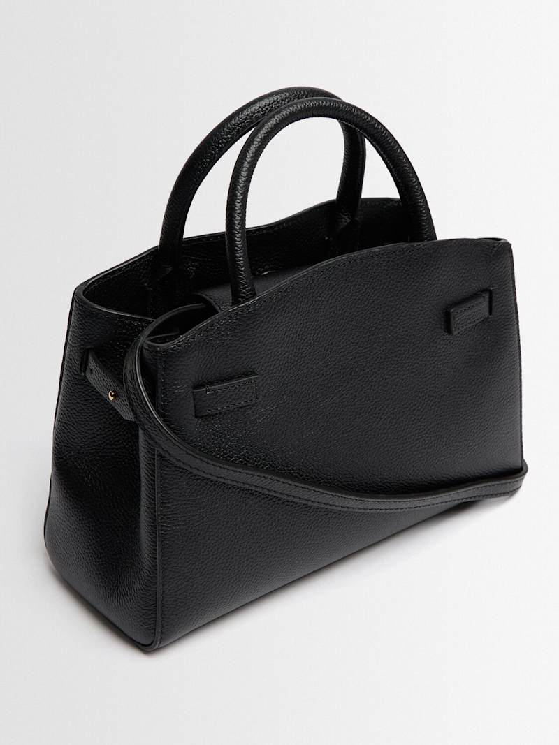 Black Grained Leather Gold Lock Top Handle Tote Bag